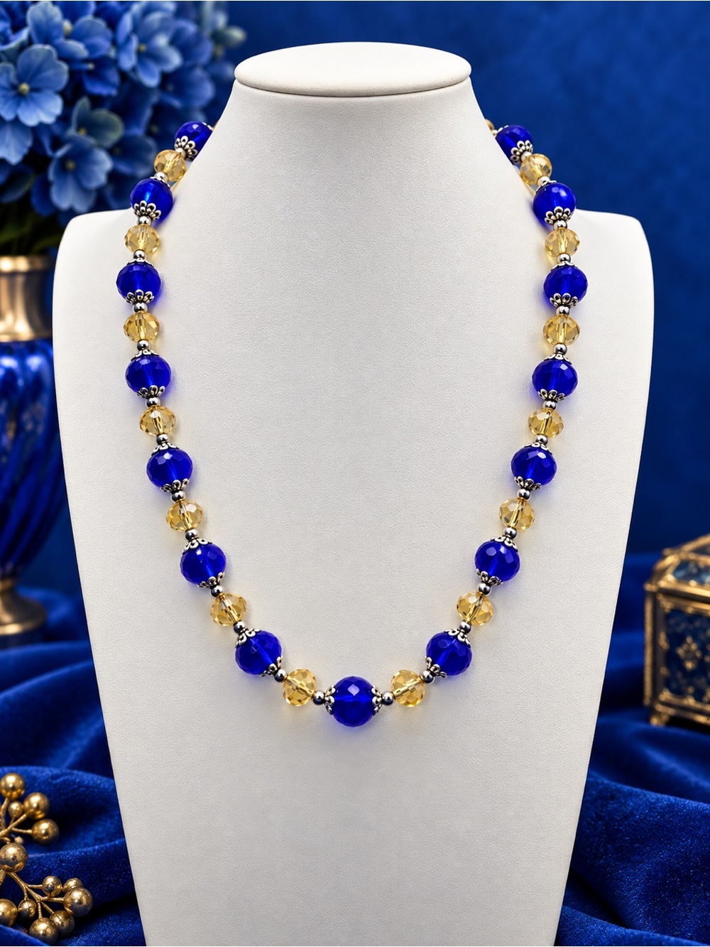 Royal Blue and Champagne Glass necklace silver accent Aprilsplace 20 inch
